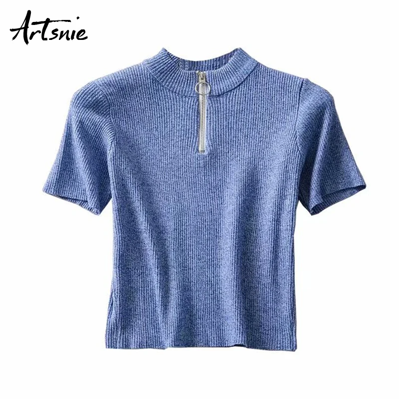 

Artsnie summer 2019 blue crop tops women o neck short sleeve zipper cropped t shirt streetwear casual knitted t-shirts mujer