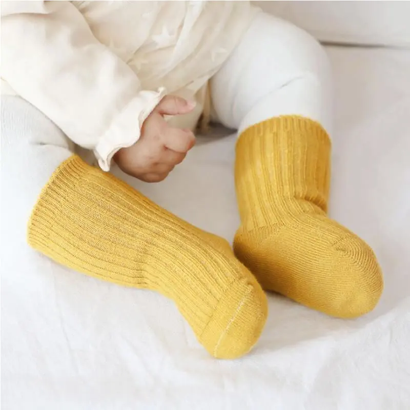 Children's autumn and winter vertical cotton and velvet thick cotton socks for men and women baby solid color striped socks