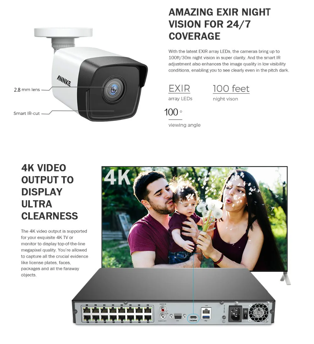 ANNKE 8CH HD 5MP POE сетевая видео система безопасности 8MP H.265+ NVR с 8 шт 5MP 30m EXIR ночного видения Водонепроницаемая wifi IP камера