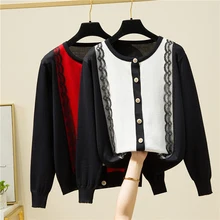 

Black Pull Femme Knitted Cardigan Women Sweater 2021 Lace Patchwork Top Loose Single Breasted Clothes Autumn Winter Long Sleeve