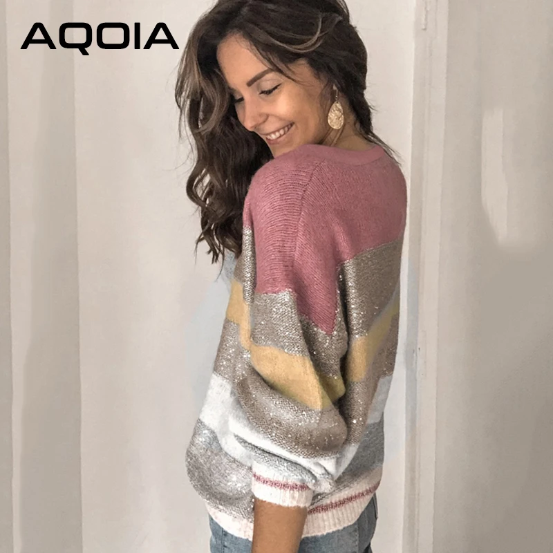 Cena AQOIA koreański styl z długim rękawem ciepłe kobiety sweter Plus Size paski Lurex dzianiny damskie swetry swetry zimowe 2019 odzież