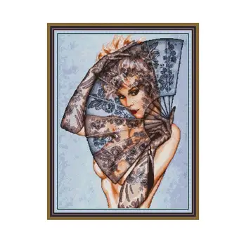 

Beauty and Folding Fan Counted Cross Stitch Paintings DMC Embroidery Thread Set 14CT 11CT Printed Fabric Handmade Needlework Set