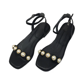 

Women's Sandals 2020 Spring Summer New Fashion Comfortable Simple Beaded Decoration Square Heel Casual Ankle Strap Black Sandals