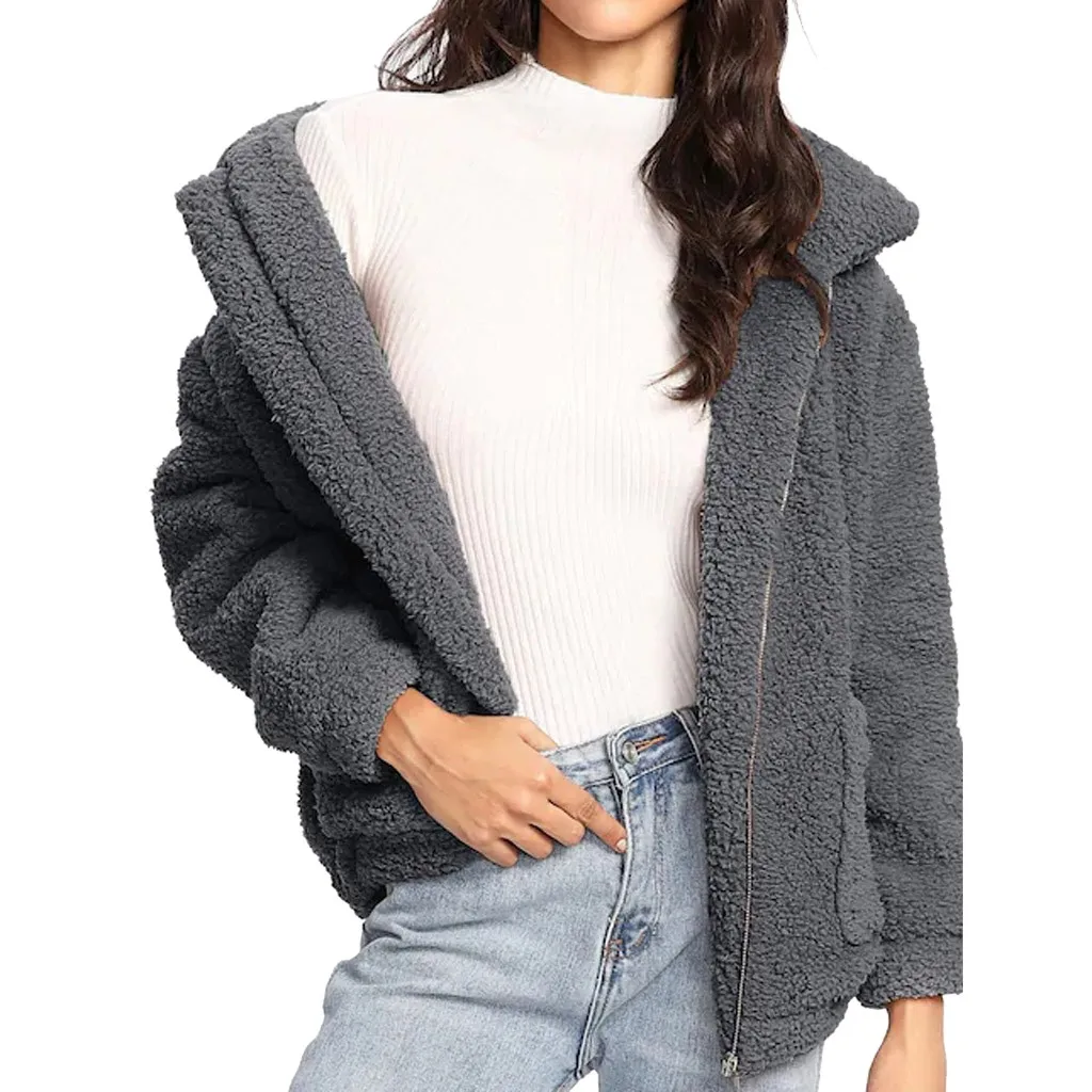 Осенне-зимнее пальто из искусственного меха, женское теплое пальто с мишкой Тедди, женская меховая куртка, Женская плюшевая верхняя одежда, плюшевое пальто, длинное пальто# D - Цвет: Gray