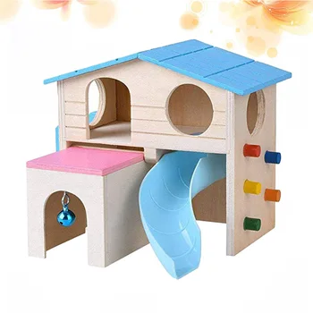 

Pet Small Animal Hamster House Funny Climbing Ladder Slide Bell Wooden Hut Play House (Blue)