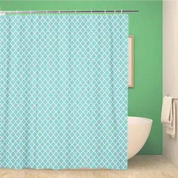 

Bathroom Shower Curtain Teal Aqua White Quatrefoil Pattern on Turquoise Blue Crown Polyester Fabric Waterproof Bath Curtain
