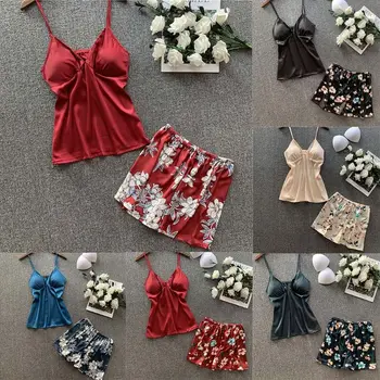 

Women Sexy Sleepwear Pajama Set Floral Print Satin Lounge Cami+Shorts Pyjama