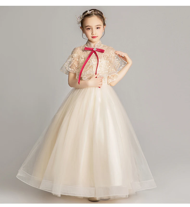 

Champagne Long Tulle Girl Princess Formal Dress Beads Bow Evening Prom Party Pageant Ball Gown Flower Girl Dresses For Wedding