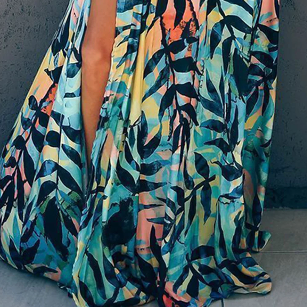 Bohemian Sexy Maxi Dress 2020 Womens Boho Sundress Sleeveless Split Dress Female Summer Floral Printed Long Dress Vestido