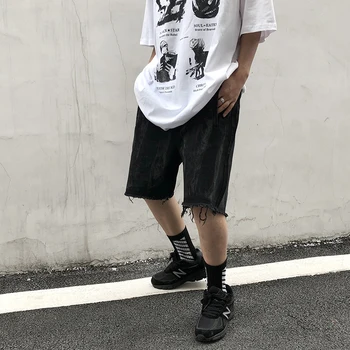 

EWQ / men's wear vintage tassel tie dyed denim knee length pants 2020 tide new hip-hop raw edges black shorts streetwear 9Y2602