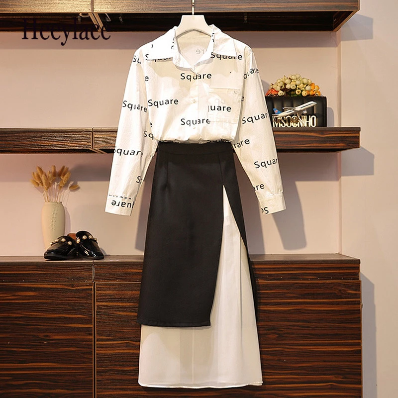 

Plus Size Elegant Office Ladies Autumn Two Piece Skirt Set Letter Pocket Blouse Tops And Splice Long Skirt Women Slim 2 Pcs Suit