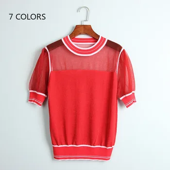 

Knit Tshirt Women High Quality Summer Mesh Patchwork Knit T Shirt Sexy Short Sleeve Lurex Top 2020 New Fashion Lady Short Tee