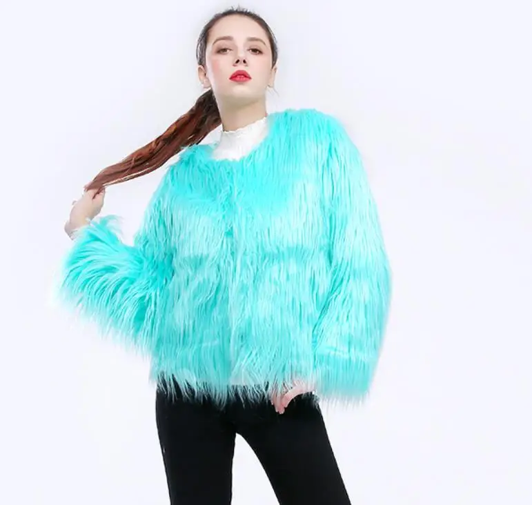 Light Green Модное пальто из искусственного меха, Женская пушистая теплая верхняя одежда, осенне-зимний жакет, женский пиджак, пальто с круглым воротником, плюс 4XL - Цвет: Light Green