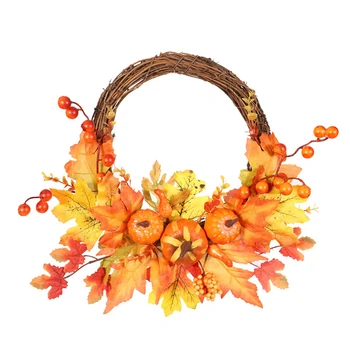

35CM Artificial Maple Leaf Wreath Pumpkin Fake berries Garland Christmas
