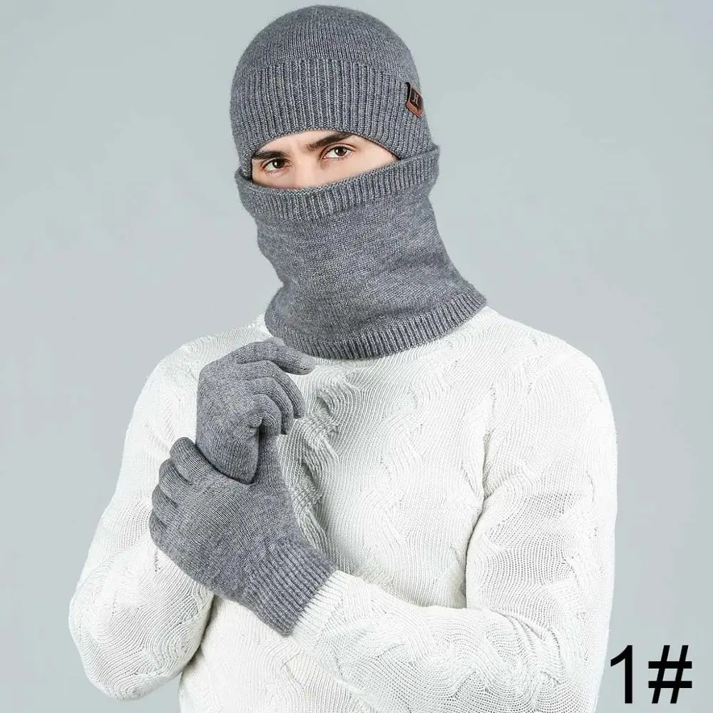 High Quality Men Winter Hat Scarf Gloves Set Soft Comfortable Plus Velvet Scarf Winter Warm Beanies Touch Screen Gloves 3 PCS - Цвет: 1