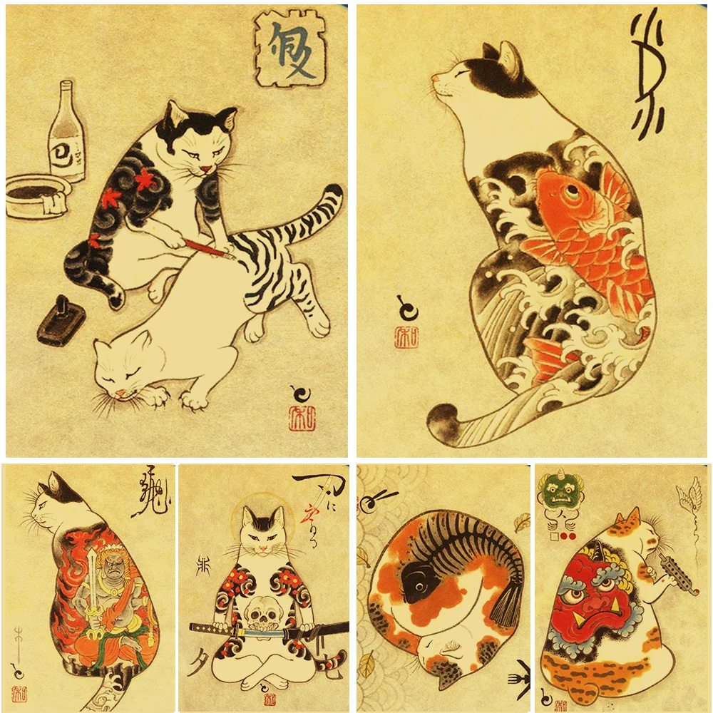 Buy Three Get One Free Cat Cute Healing Animation Poster Retro Kraft Paper Living Room Bedroom Bistro Decoration | Дом и сад