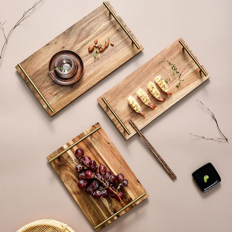 Lovesickness Wooden Serving Tray Rectangle Metal Handle Fruit Pizza Sushi Dish Food Storage Plate Container Hotel Display Pan 2