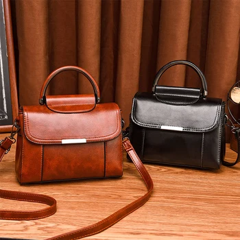 

Retro Tide Women Oil Wax Designer Shoulder Bags Brand Office Lady Totes Handbags Casual Flap Zipper Small Square Bags