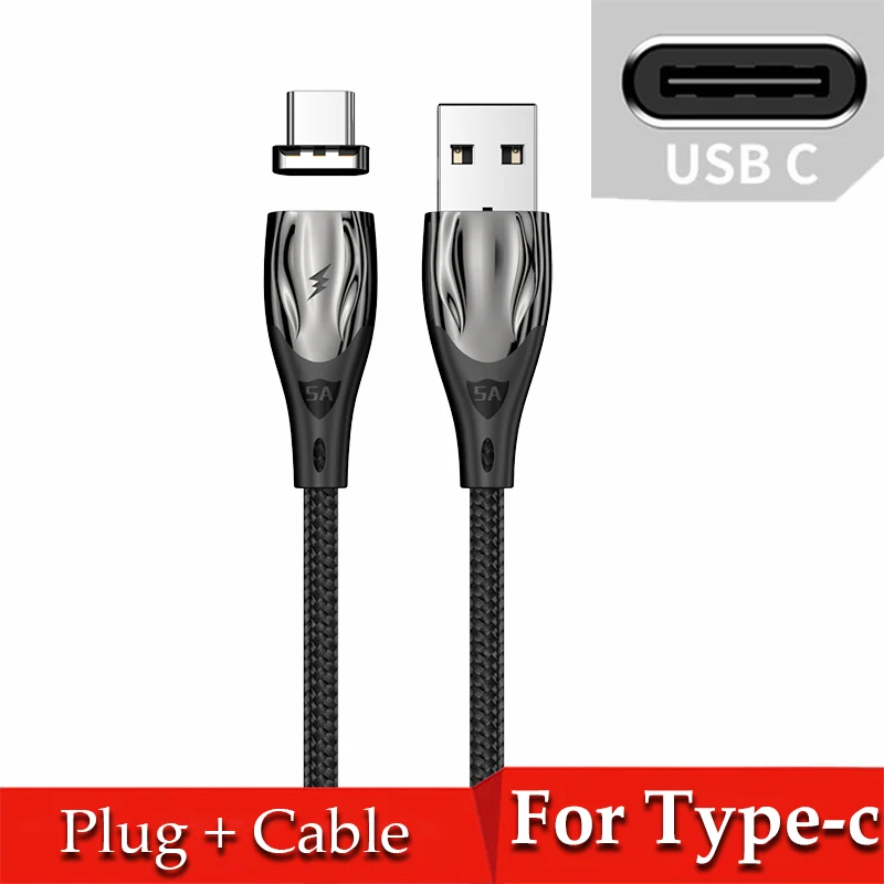 5А Магнитный кабель type C супер быстрая зарядка телефона QC4.0 QC3.0 USB C кабель для Xiaomi для huawei SuperCharge Android телефон 1 м - Цвет: Black for Type-c