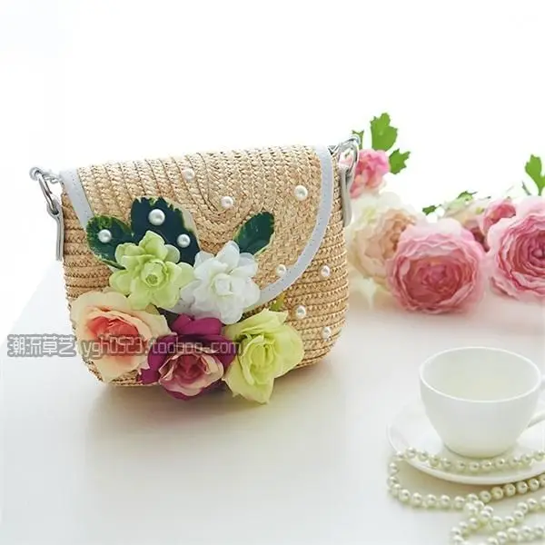 

Straw flowers woman summer beach handbags lady girls cross body messenger shoulder pearls handmade travel beach bags mini