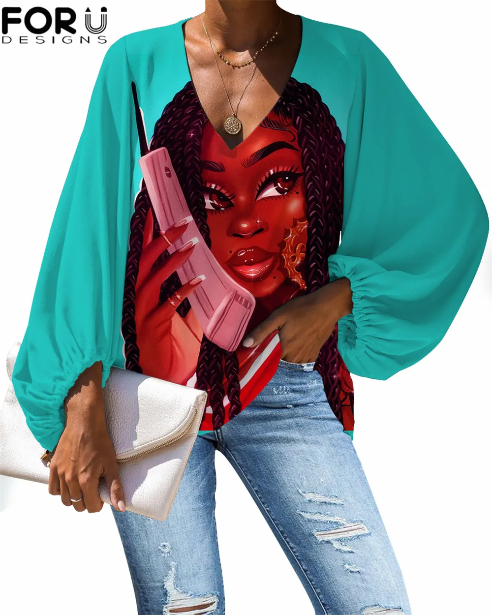 

FORUDESIGNS African Princess Black Afro Girls Printing Fashion Ladies Plus Size Blouse Sexy Beach Women Tops Shirt Retro Blouse