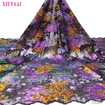 

high quality Velvet French Nigerian sequins net African tulle mesh sequence lace fabric for dress 5yards/lot S1287