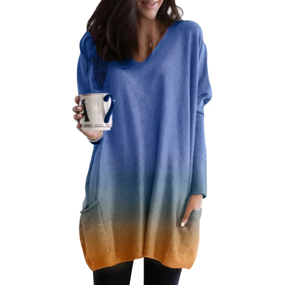 

LOOZYKIT 2019 New Fashion Womens Autumn V-neck Sweatshirts Long Loose Batwing Sleeve Pocket Pullovers Gradient Sweatshirt Women