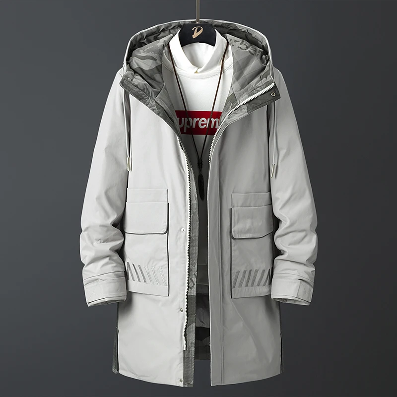 Мужская зимняя длинная теплая куртка на утином пуху высокого качества на молнии с капюшоном и карманами в полоску, белый пуховик, мужская одежда 8866-12