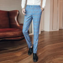 Брендовые голубые мужские брюки, весна-осень, деловые брюки для мужчин, высокое качество, мужские клетчатые брюки, облегающие офисные брюки P16