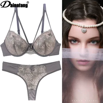 

Women's Sexy Bra Thong Set Lace Transparent Europe Underwear Suit Women's Thong Shape Your Chest Carry Buttock Thong Set pink