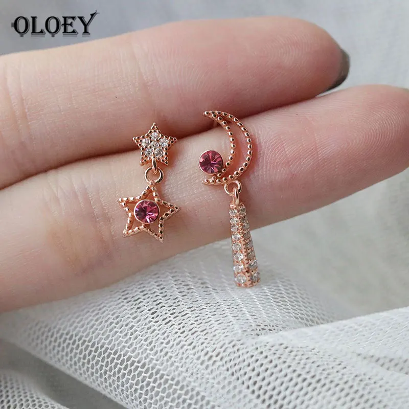 OLOEY,, настоящие 925 пробы, серебряные серьги для девушек, Корея, Луна и звезда, асимметричные висячие серьги, подарки YME596