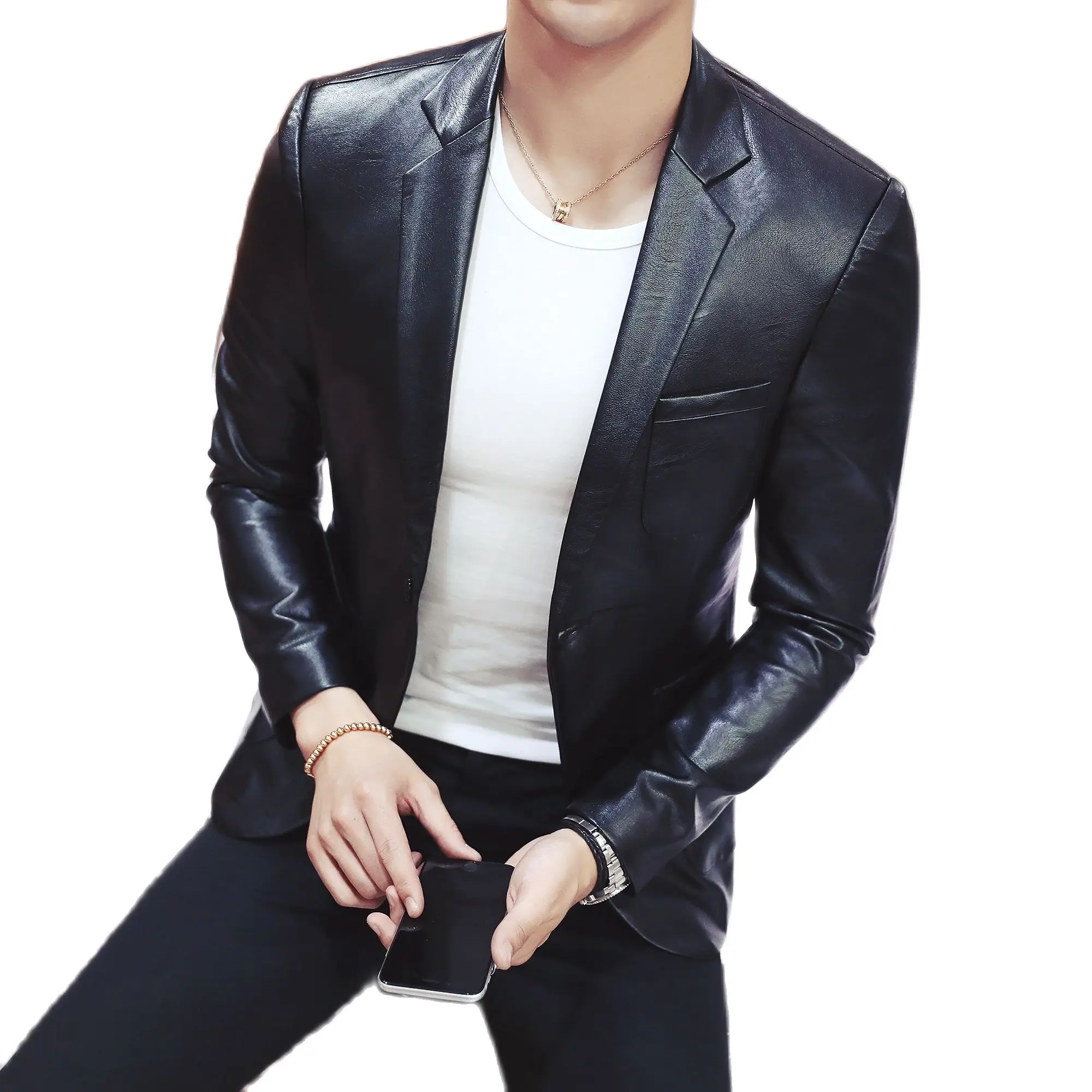 Long-sleeved Pu Suit Jacket Slim 