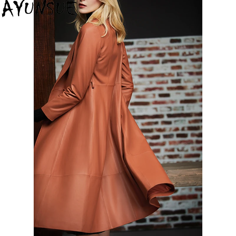 AYUNSUE Genuine Leather Jacket Women Long