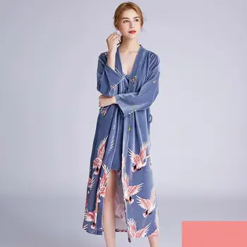 

2PCS Velour Robe Gown Sets Sexy Print Crane Strap Top Nightdress Sleepwear Intimate Lingerie Kimono Bath Summer Lady Homewear
