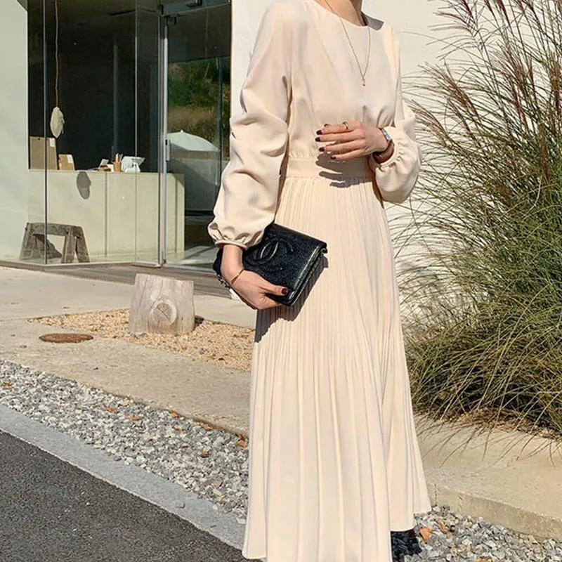 

Elegant O-Neck Summer Women Dress Sundress Vintage Pleated Lace Up Female Dress Simple A-Line Elastic Waist Party Vestidos Femme