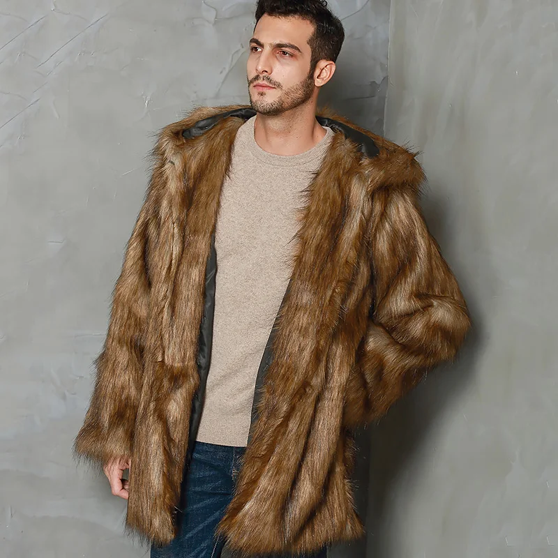 

Male Hooded Faux Fur Coat Jacket 2019 Winter Men's Long Sleeve Warm Windbreakers Streetwear Luxury Charming Clothes Plus Size