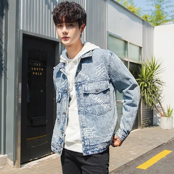 

Autumn New Denim Jacket Men Fashion Wash Letter Printing Casual Denim Jacket Man Streetwear Wild Hip Hop Loose Bomber Jacket