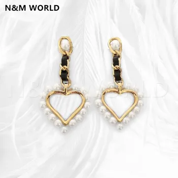

Cute Heart-shaped Pearl Dangle Earring Jewelry Fashion Classic Girl Black Leather Chain Earring Beautiful Gift