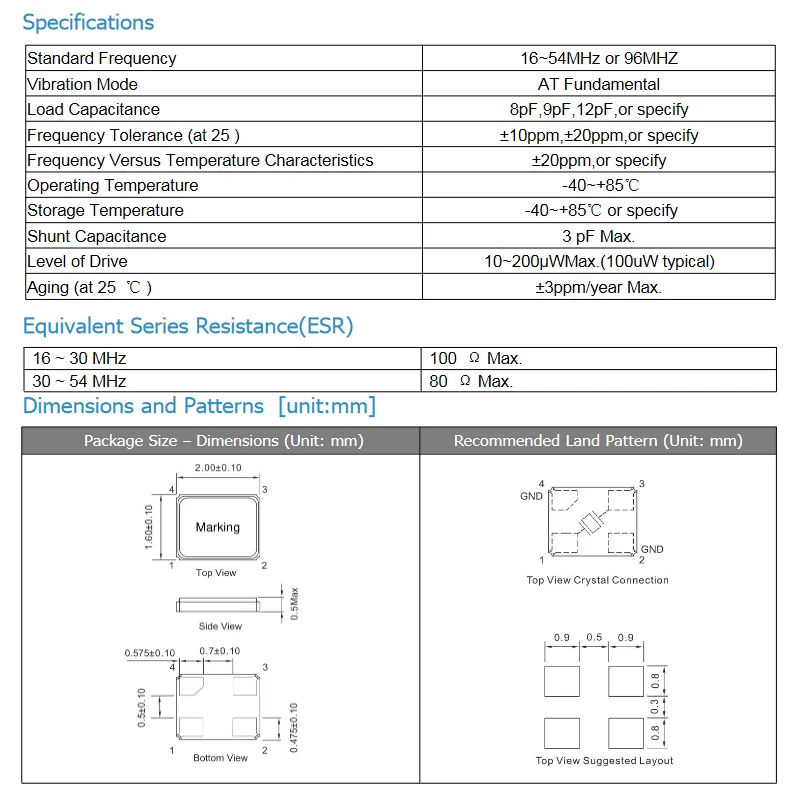 4pin 2016 2.0*1.6mm, oscilador de cristal de