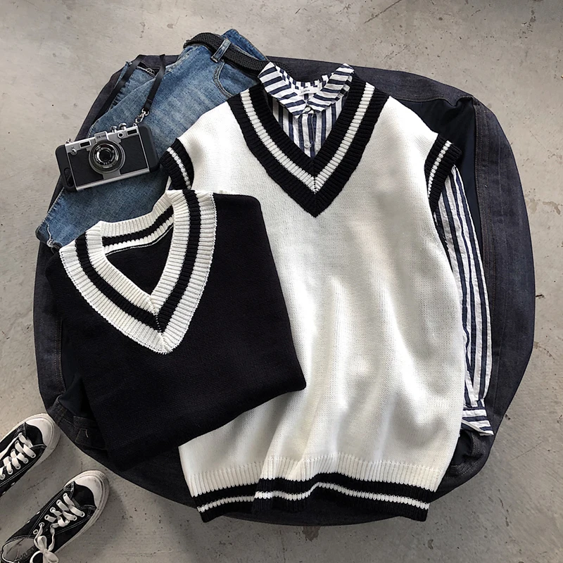 Autumn Vest Sweater Men Fashion Contrast Color Casual Knit Sweaters Vest Man Streetwear Loose Sleeveless Sweter Vest Clothes