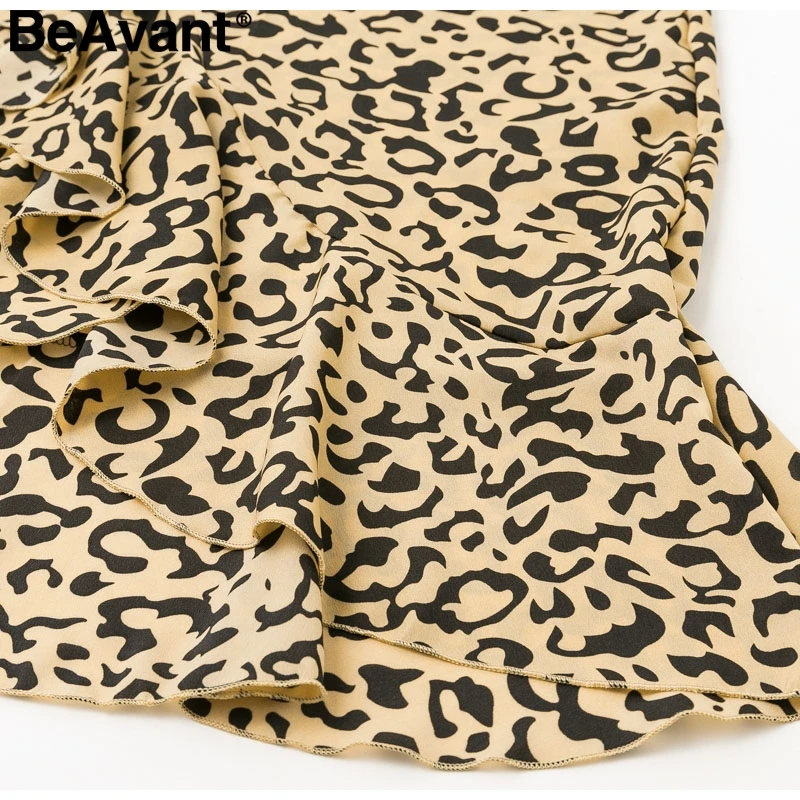 BeAvant Elegant leopard print women maxi skirt High waist ruffled asymmetrical female long skirt Side bow tie autumn lady skirts