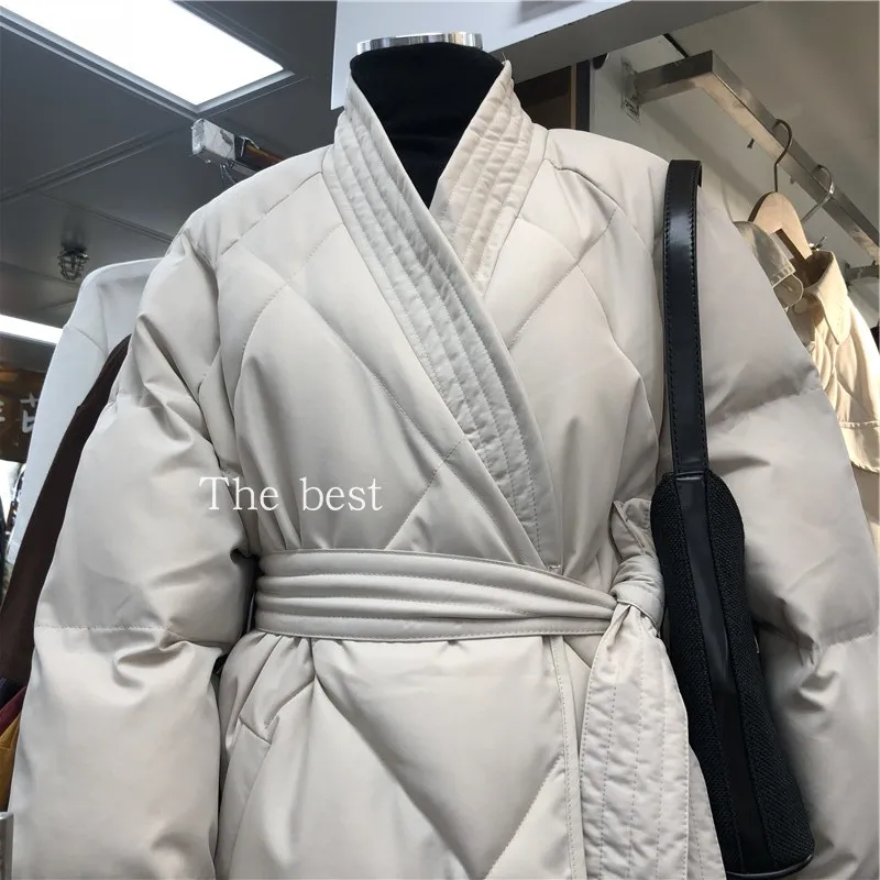 Зимние новые модные корейские женские хлопковые свободные пальто на шнуровке с v-образным вырезом, женские пальто больших размеров, зимняя женская одежда, парки