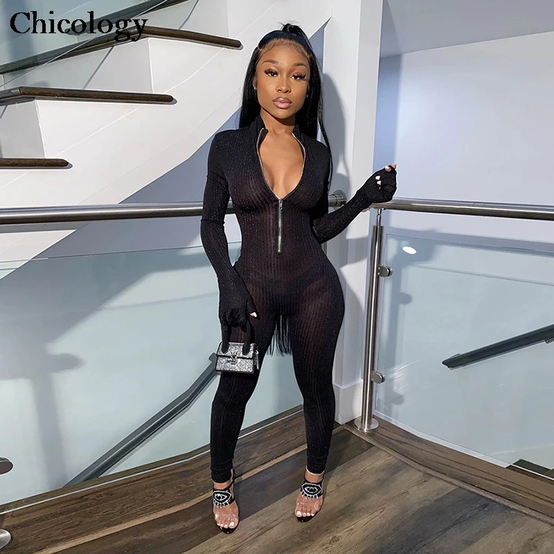 Chicology zipper bodycon see though mesh jumpsuit women 2020 summer autumn sexy clothes female streetwear party club festival
