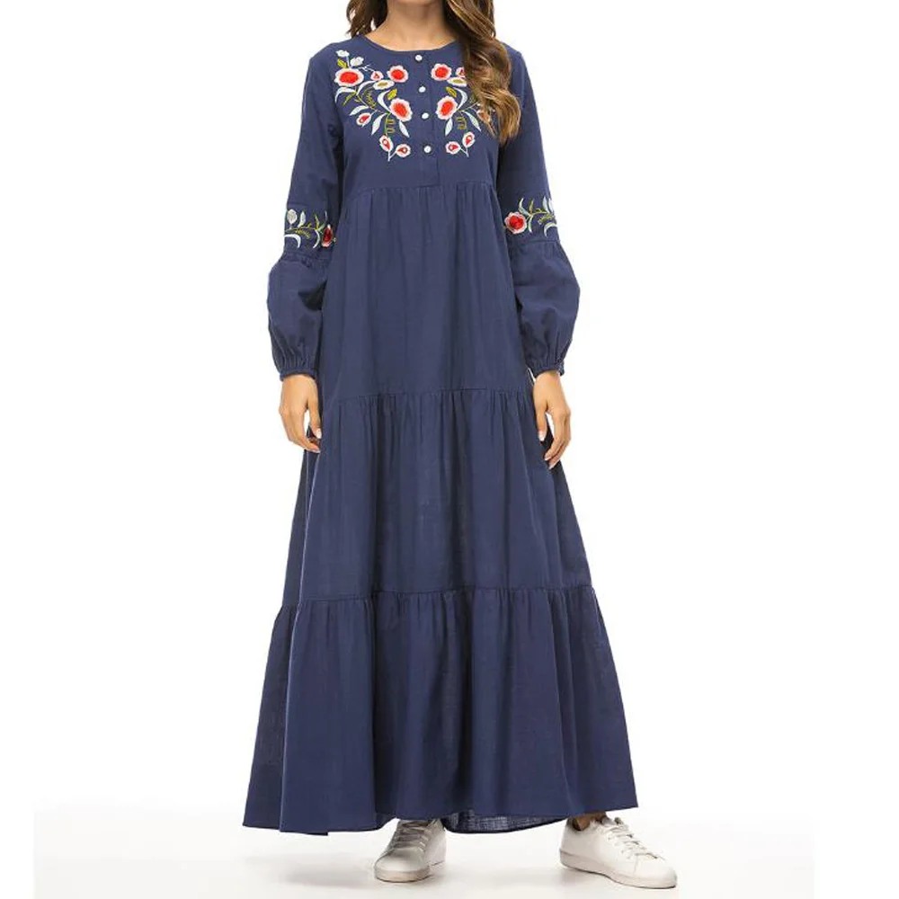 Plus Size Loose Kaftan Dress Vintage Floral Embroidery Muslim Maxi Long Sleeved Large Women Robe Longue Femme | Женская одежда