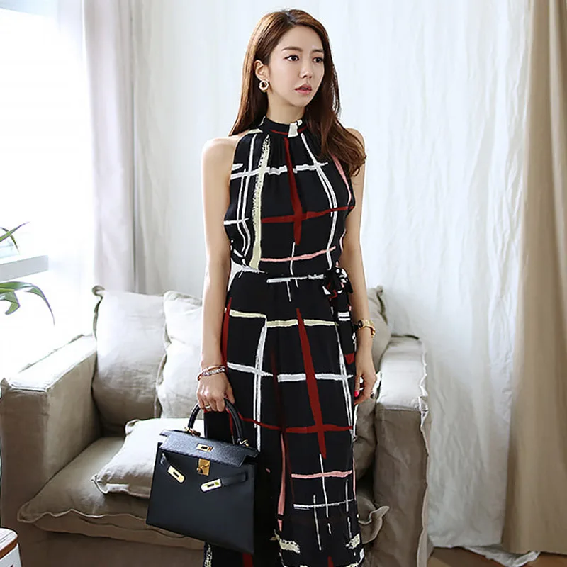 

2019 Summer Wear New Style Korean-style Elegant Stand Collar Halter Waist Hugging Lace-up Long Skirts Fashion Dress Women's