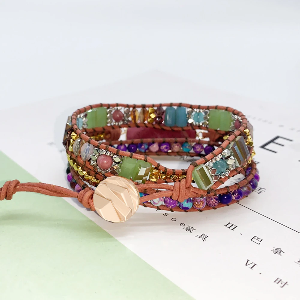 3Layers Black Leather Woven Wrap Bracelet Natural Emperor Stone Crystal Big Rhodochrosite Charm Bracelets Vintage Femme Jewelry