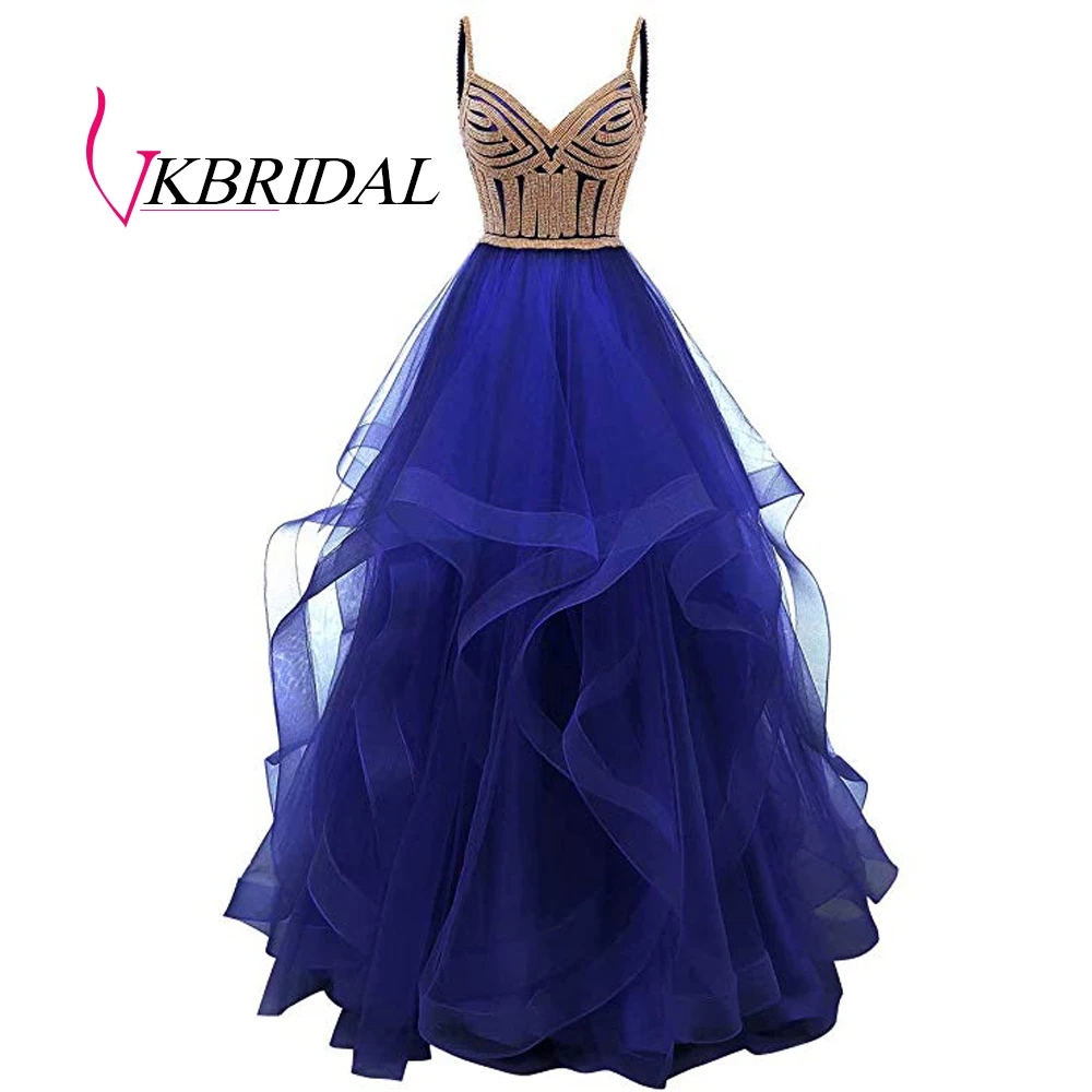 royal blue Vkbridal цвета шампанского золото Многоуровневое Тюлевое вечернее платье Длинные бальные платья кристаллы на шнуровке длинное формальное выпускное платье ремни - Цвет: royal blue