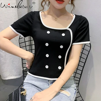 

Summer Korean Clothes Fashion Sexy Color Block T-shirt Women Tops Ropa Mujer Cotton Bottoming Shirt Button Tees 2020 New T07411