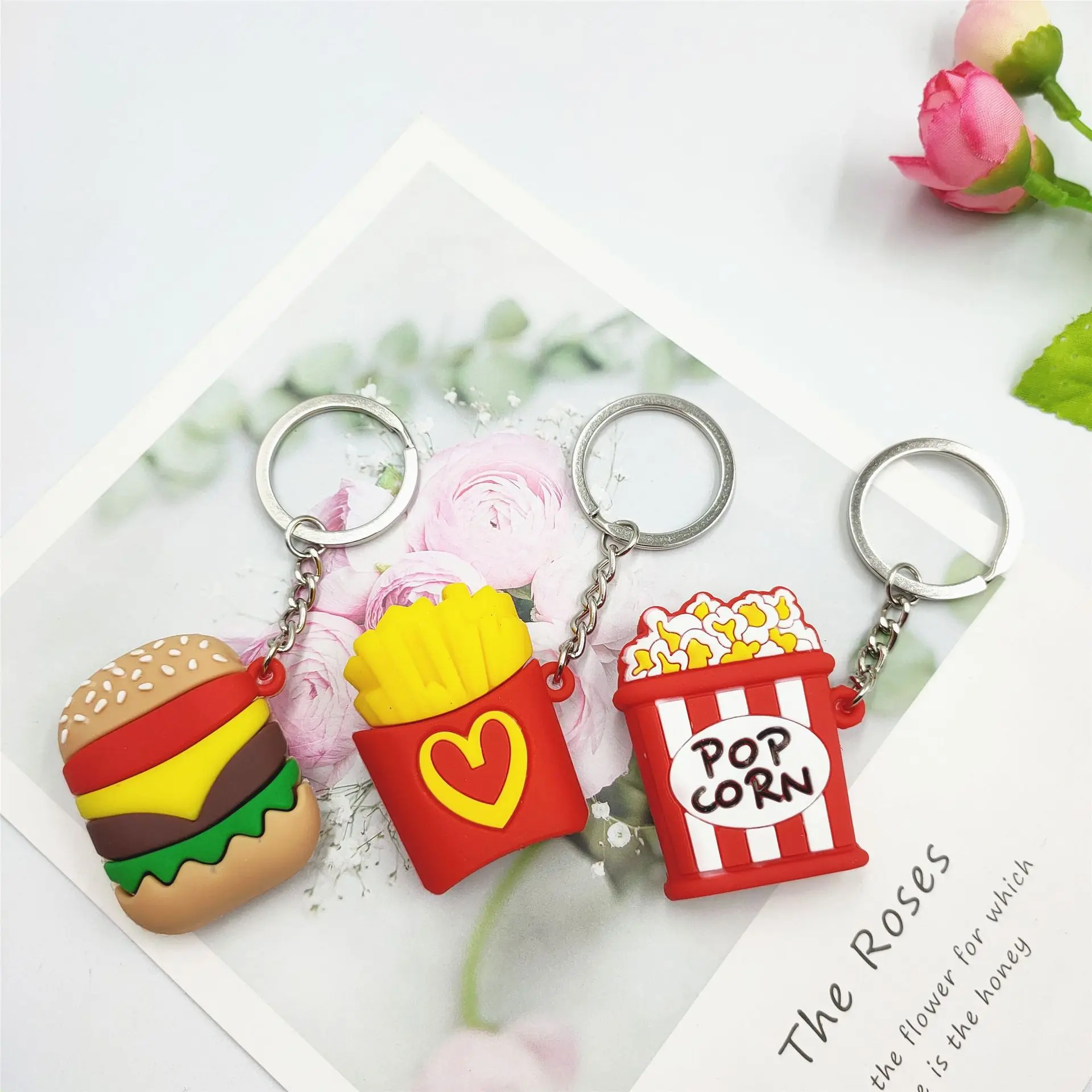

Creative Imitation Burger French Fries PVC Soft Rubber Keychains Bag Car Key Chain Trinket Pendant Fashion Small Gift Hot Sale