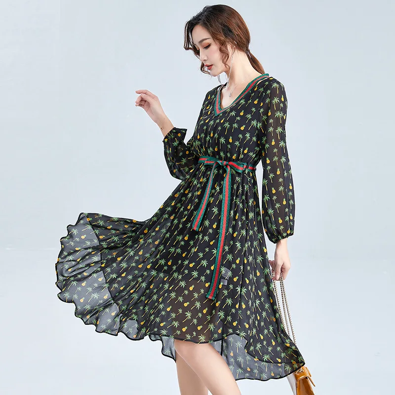 V-neck Floral Chiffon Long Dress Brand Women's 2019 Autumn New Slim Tie with Irregular Skirt